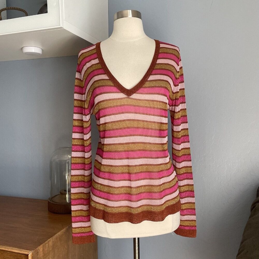 Happy Sheep Striped Shimmer Knit V-Neck Top Sweater Lightweight